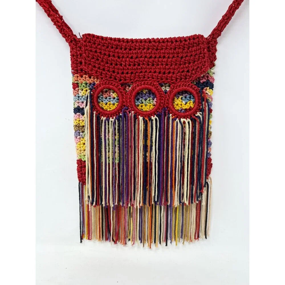 Crochet Shoulder Bag Handmade Boho Hippie Rainbow Fringe - Read‎ - Rough Fibers